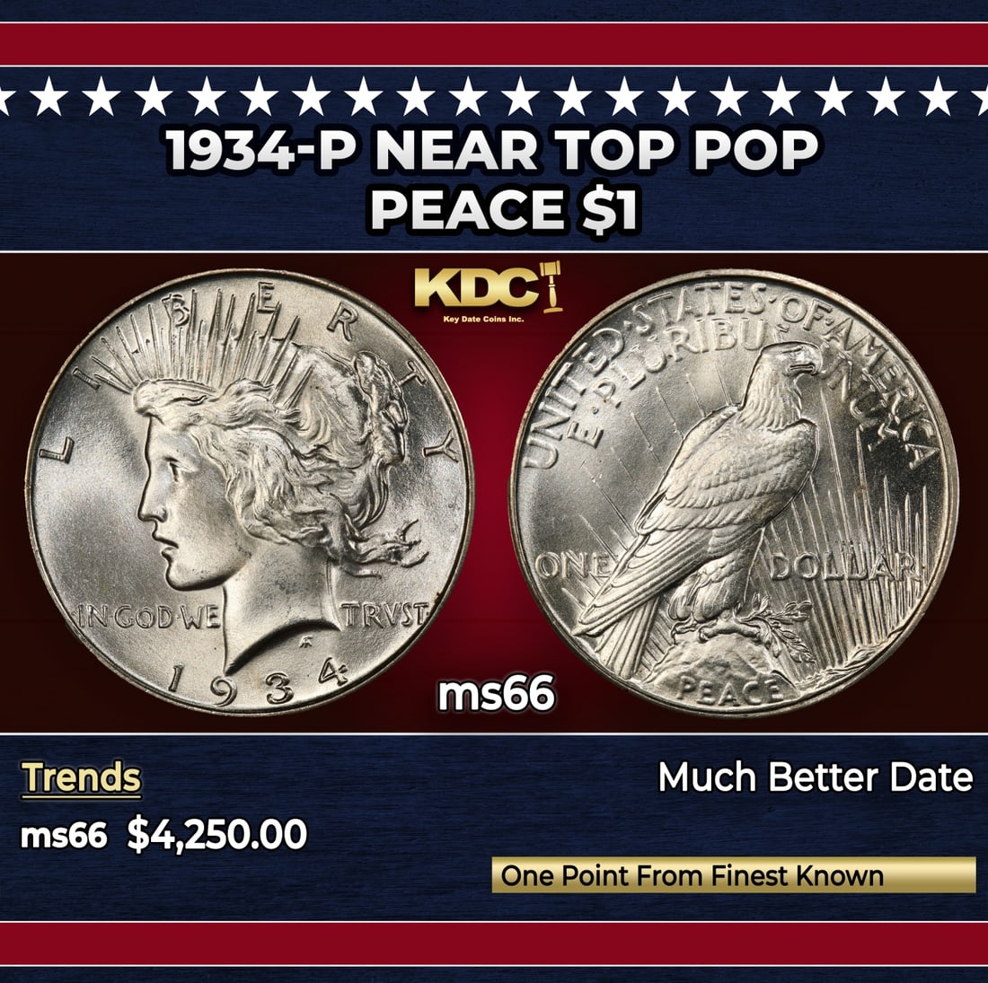 1934-p Peace Dollar Near Top Pop $1 ms66 SEGS: 1934-p Near Top Pop Peace Dollar $1 ms66 SEGS. Historic precious metal trends is causing increased spot pricing by the day. On auctions with set openings, we are doing our best to have items priced at