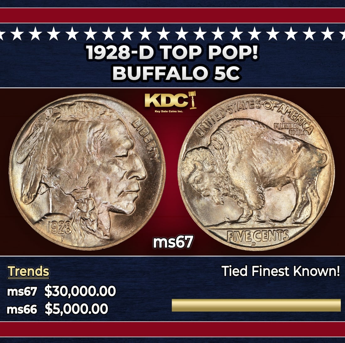 1928-d Buffalo Nickel TOP POP! 5c ms67 SEGS: 1928-d TOP POP! Buffalo Nickel 5c ms67 SEGS. Historic precious metal trends is causing increased spot pricing by the day. On auctions with set openings, we are doing our best to have items priced at t