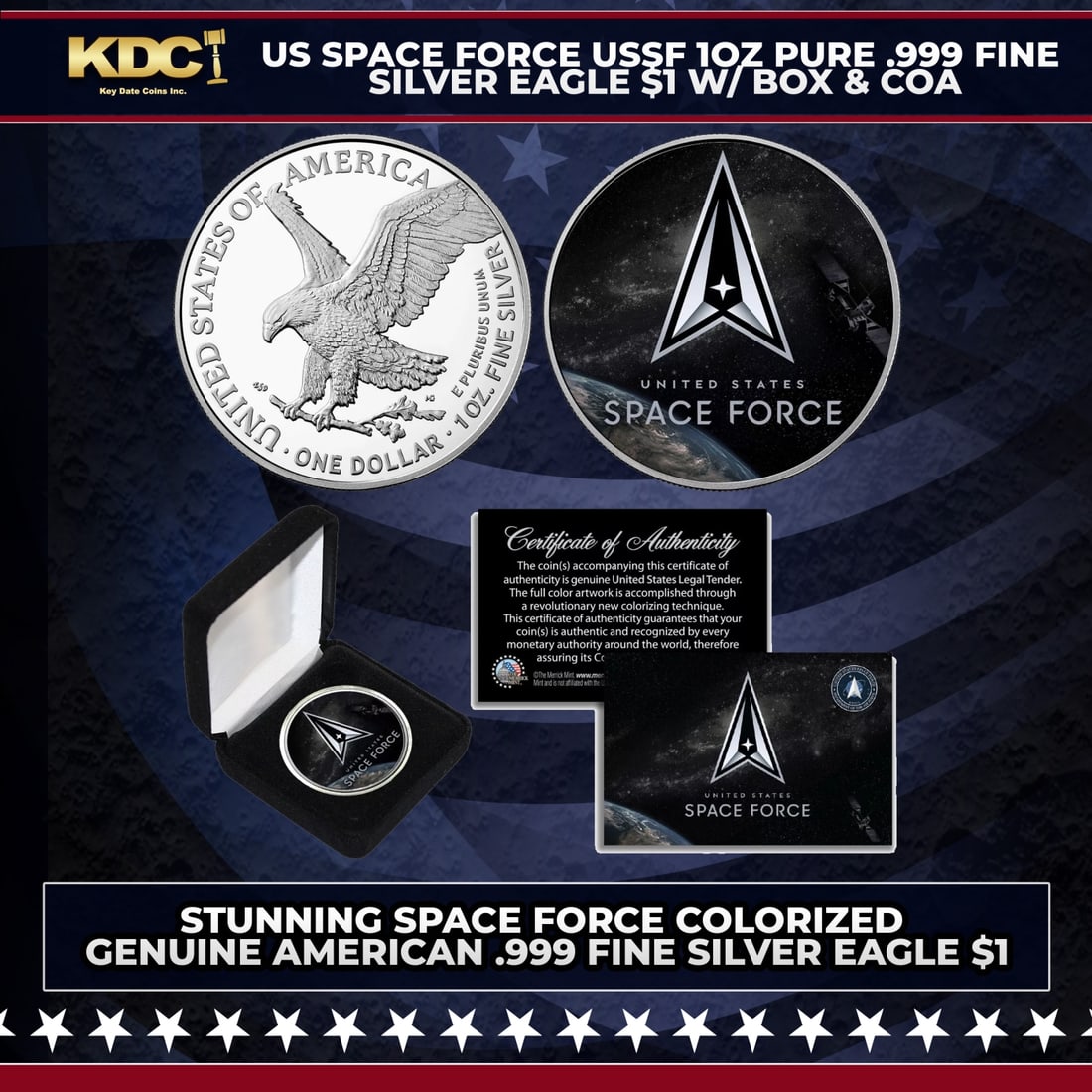 US Space Force USSF 1oz Pure .999 Fine Silver Eagle $1 w/ Box & COA Other Toy: US Space Force USSF 1oz Pure .999 Fine Silver Eagle $1 w/ Box & COA. This is your chance to own a stunning SPACE FORCE colorized American Silver Eagle Dollar coin, beautifully enhanced by The Merrick 