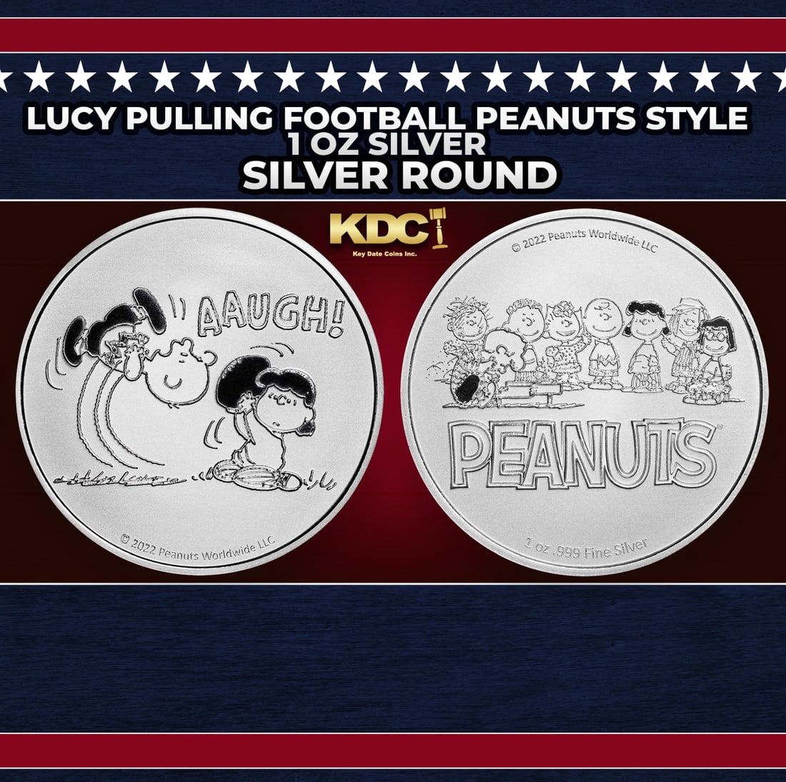 Lucy Pulling Football Peanuts Style - 1 oz Silver Round Round: Lucy Pulling Football Peanuts Style - 1 oz Silver Round. Now you can collect all of the classic Peanuts characters on these officially licensed silver rounds! Contains 1oz of .999 Fine Silver.