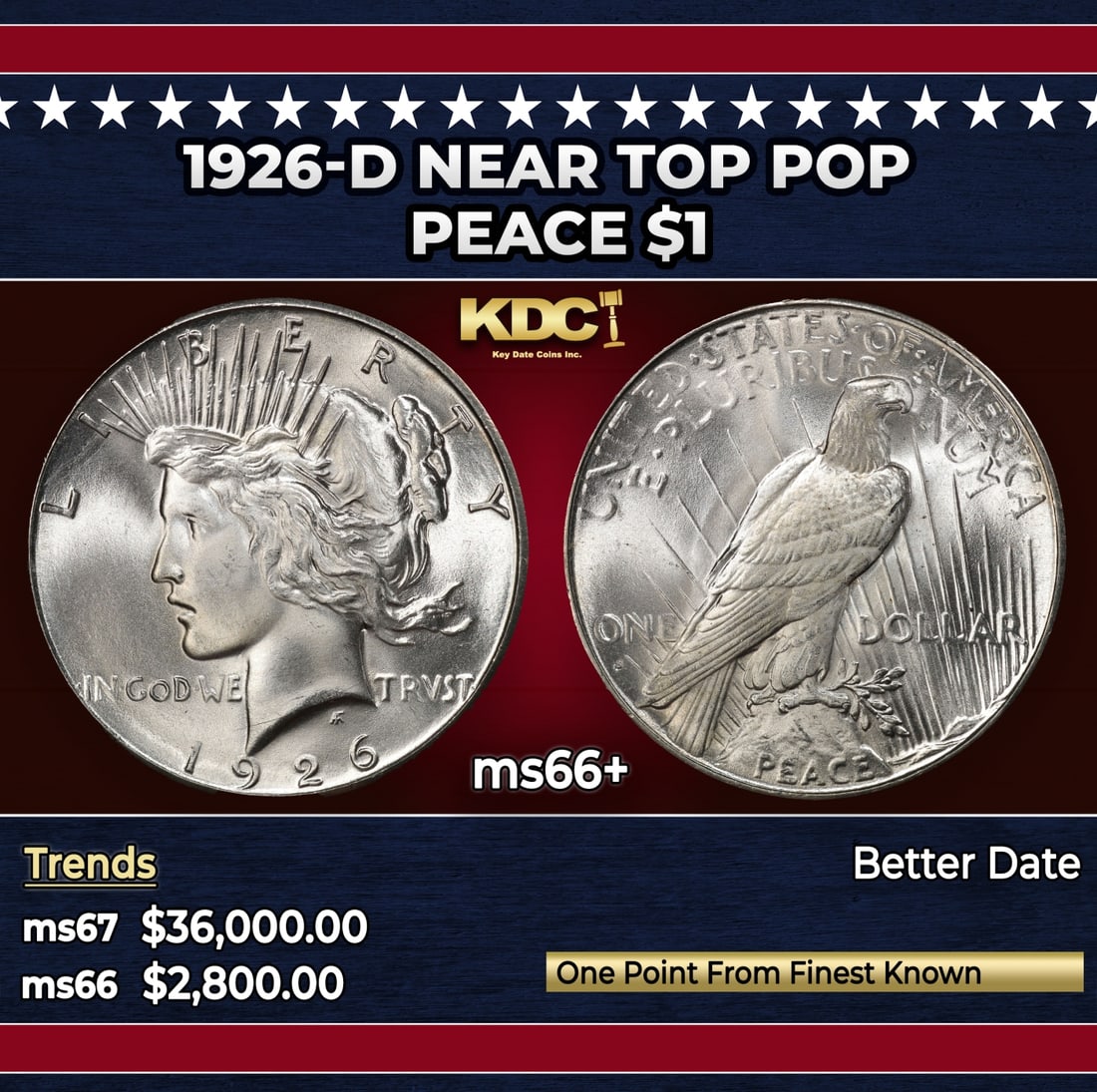 1926-d Peace Dollar Near Top Pop $1 ms66+ SEGS: 1926-d Near Top Pop Peace Dollar $1 ms66+ SEGS. Historic precious metal trends is causing increased spot pricing by the day. On auctions with set openings, we are doing our best to have items priced a