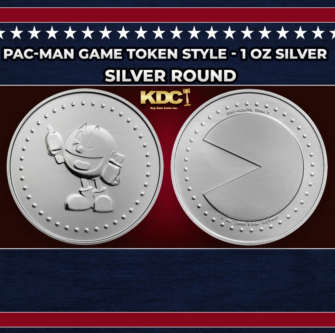 PAC-MAN Game Token Style - 1 oz Silver Round Round: PAC-MAN Game Token Style - 1 oz Silver Round. Celebrate the most memorable arcade character of the 80s with this officially licensed silver PAC-MAN round. Designed to be reminiscent of a retro arcade 
