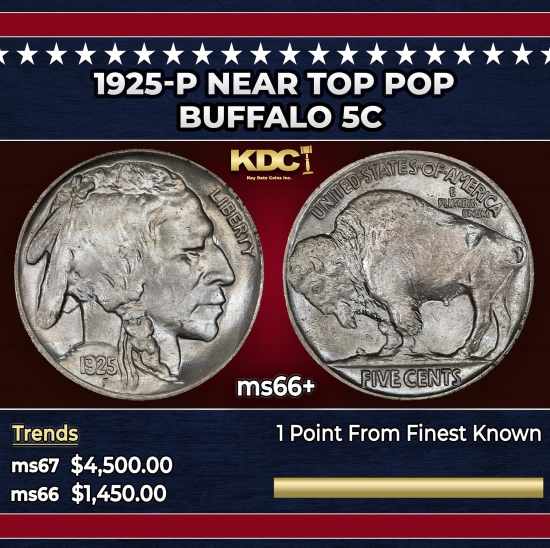 1925-p Buffalo Nickel Near Top Pop 5c ms66+ SEGS: 1925-p Near Top Pop Buffalo Nickel 5c ms66+ SEGS. Historic precious metal trends is causing increased spot pricing by the day. On auctions with set openings, we are doing our best to have items priced