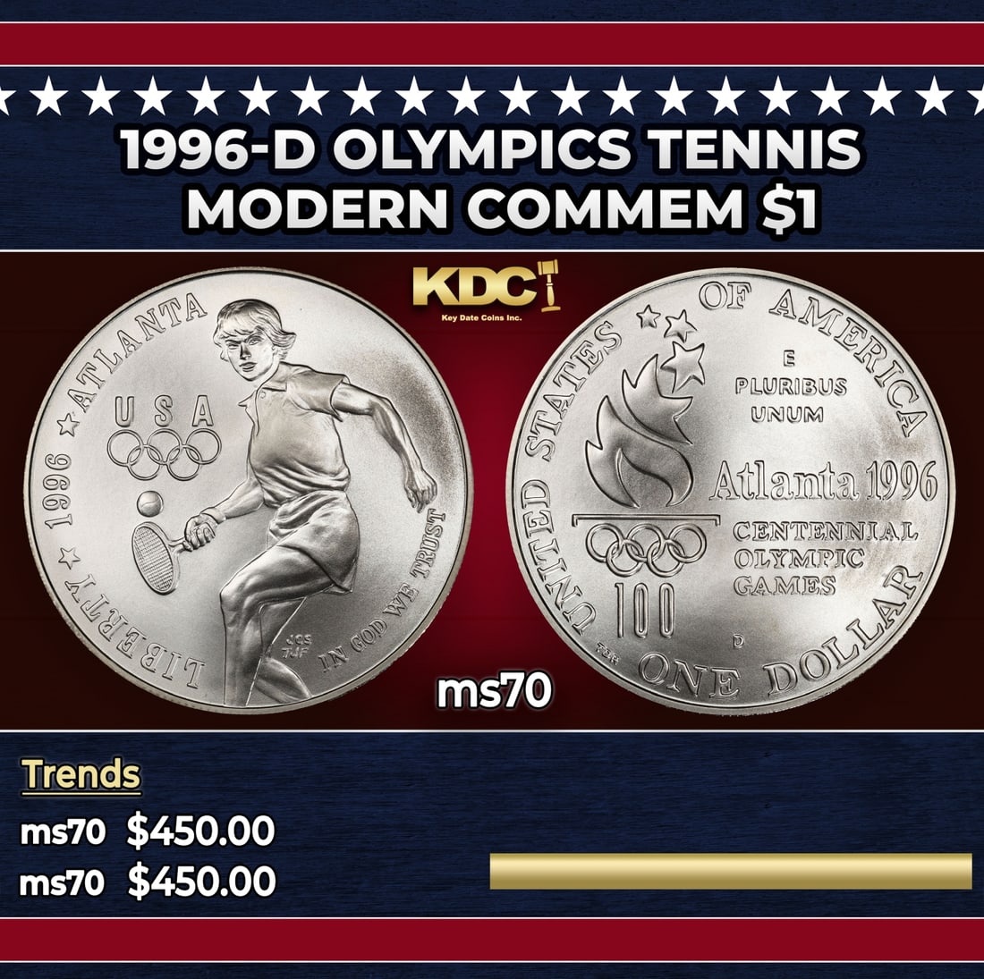 1996-d Olympics Tennis Modern Commem Dollar $1 ms70 SEGS: 1996-d Olympics Tennis Modern Commem Dollar $1 ms70 SEGS. Historic precious metal trends is causing increased spot pricing by the day. On auctions with set openings, we are doing our best to have item