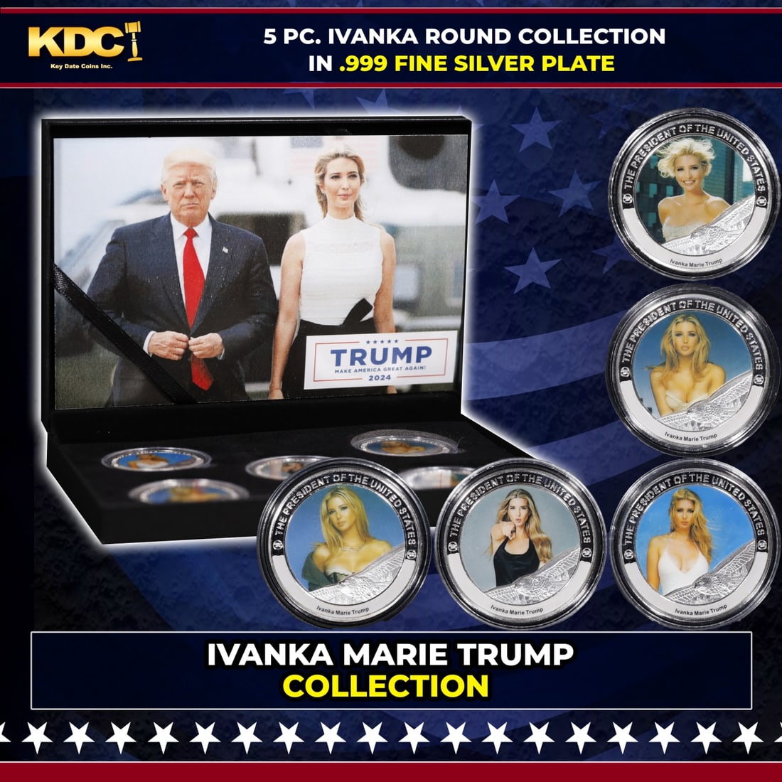 5 Coin Ivanka Trump as the POTUS Silver Plated Round Collection: 5 Coin Ivanka Trump as the POTUS Silver Plated Round Collection. Please Note All Backer Cards may have slight differences but will be very similar if not identical to the one in the photo