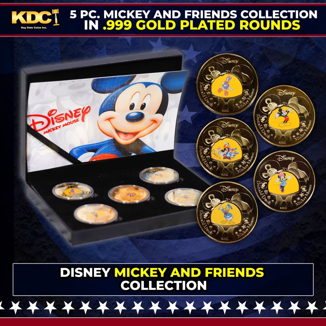 5 Coin Disney Mickey and Friends Gold Plated Round Collection A: 5 Coin Disney Mickey and Friends Gold Plated Round Collection A. Please Note All Backer Cards may have slight differences but will be very similar if not identical to the one in the photo