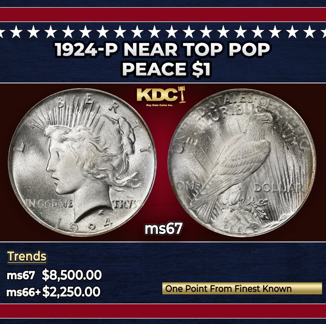 1924-p Peace Dollar Near Top Pop $1 ms67 SEGS: 1924-p Near Top Pop Peace Dollar $1 ms67 SEGS. Historic precious metal trends is causing increased spot pricing by the day. On auctions with set openings, we are doing our best to have items priced at