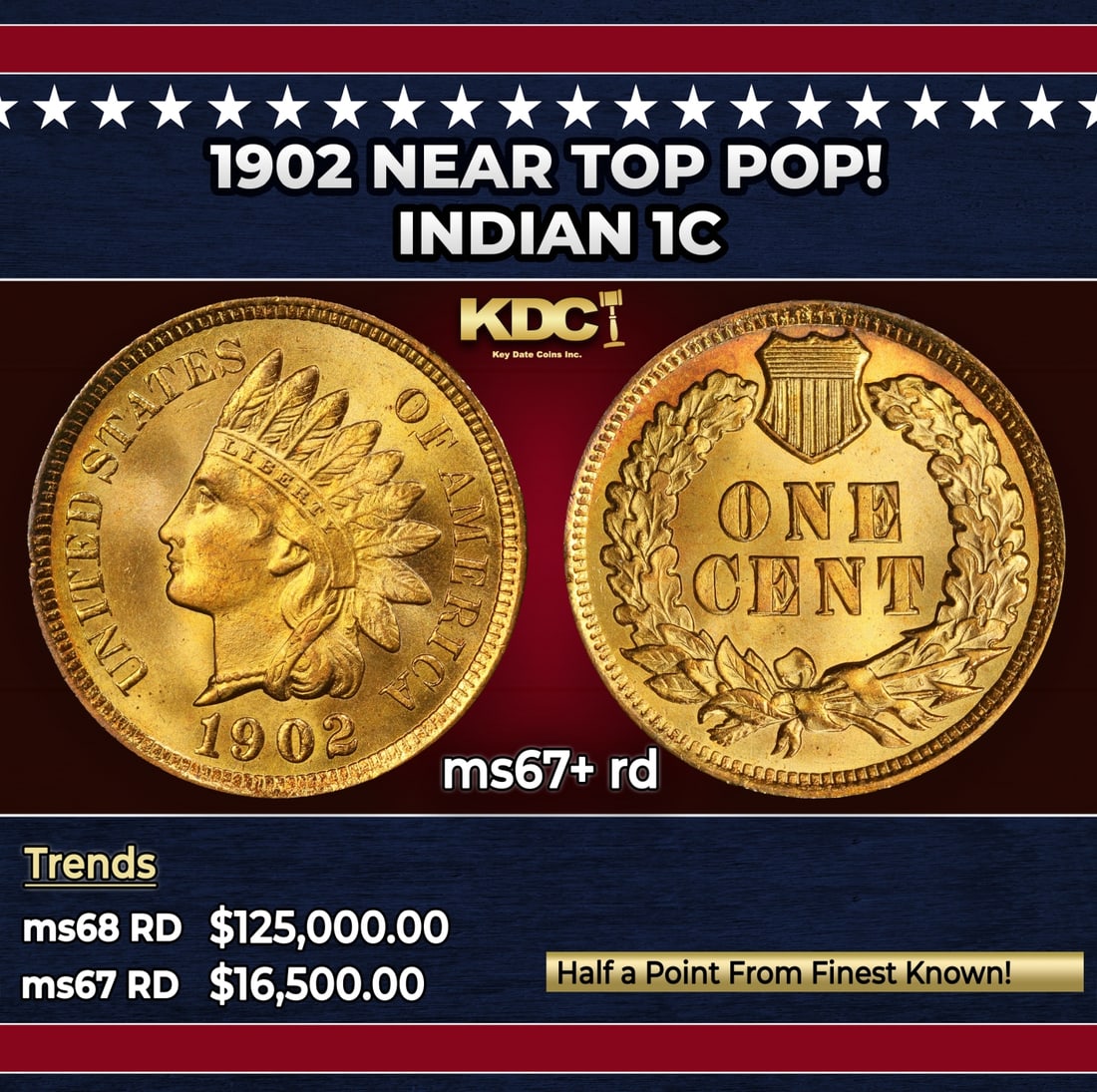 1902 Indian Cent Near Top Pop! 1c ms67+ rd SEGS: 1902 Near Top Pop! Indian Cent 1c ms67+ rd SEGS. Historic precious metal trends is causing increased spot pricing by the day. On auctions with set openings, we are doing our best to have items priced 