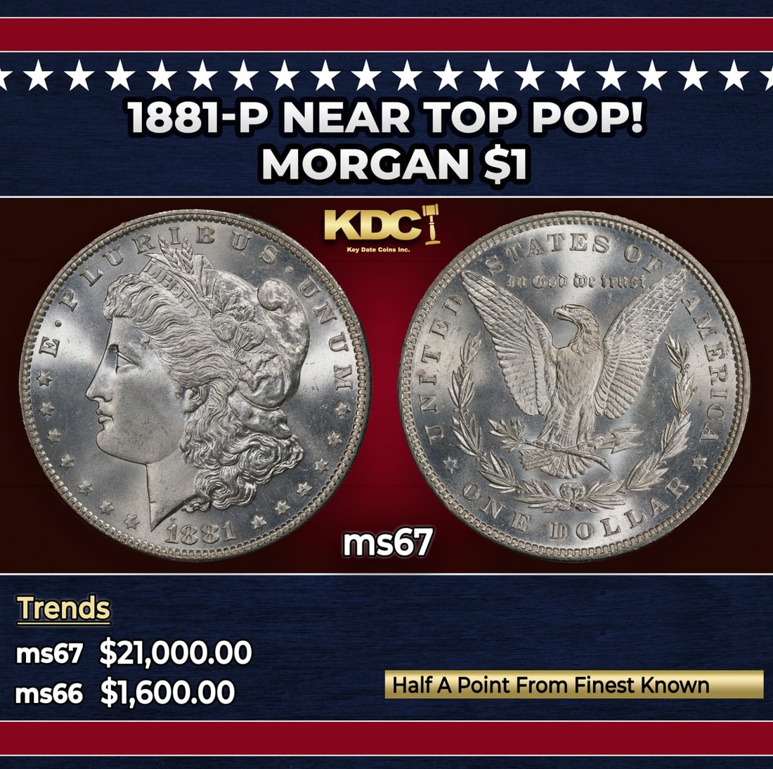 1881-p Morgan Dollar Near Top Pop! $1 ms67 SEGS: 1881-p Near Top Pop! Morgan Dollar $1 ms67 SEGS.