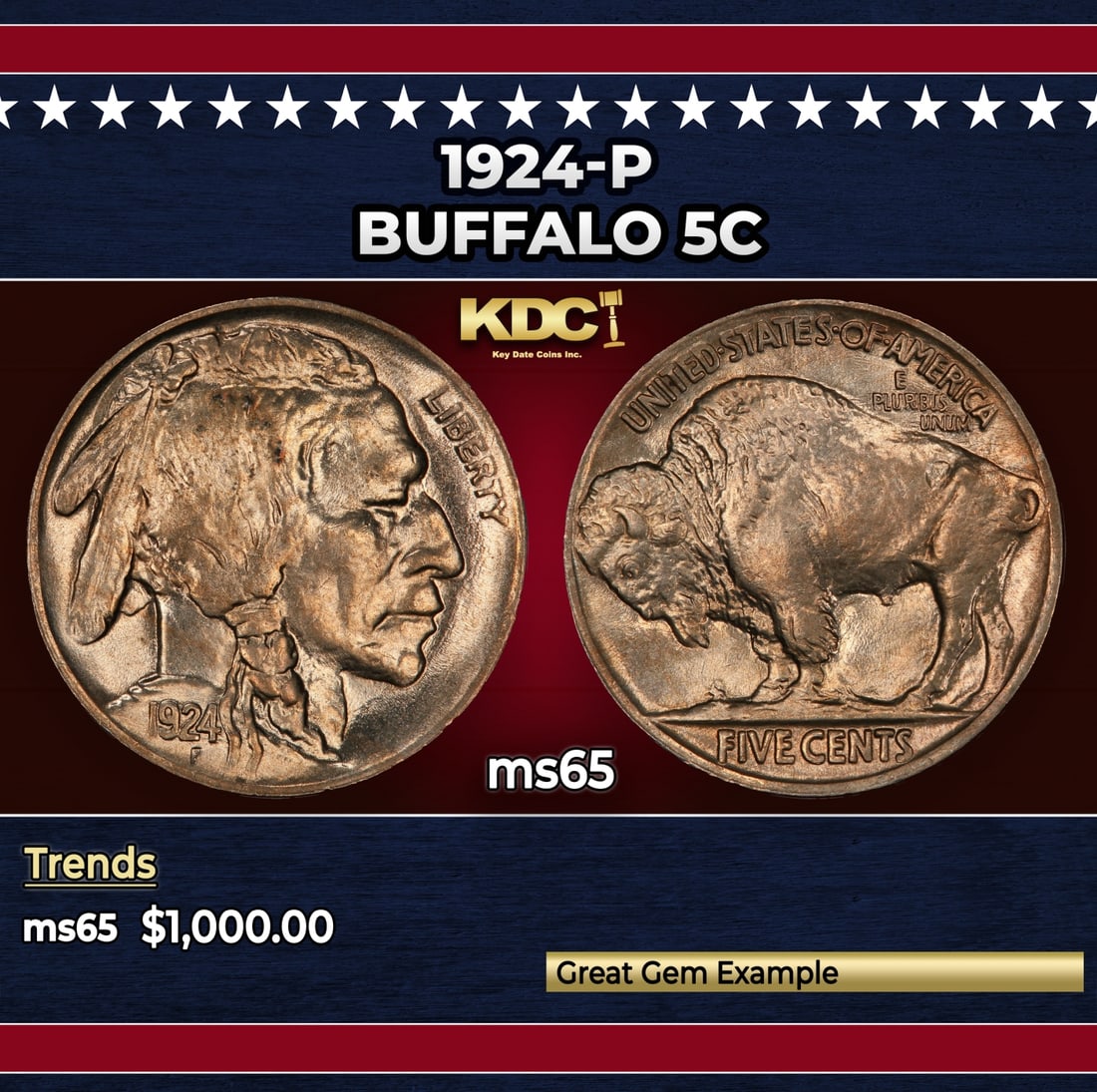 1924-p Buffalo Nickel 5c ms65 SEGS: 1924-p Buffalo Nickel 5c ms65 SEGS. Historic precious metal trends is causing increased spot pricing by the day. On auctions with set openings, we are doing our best to have items priced at their mark