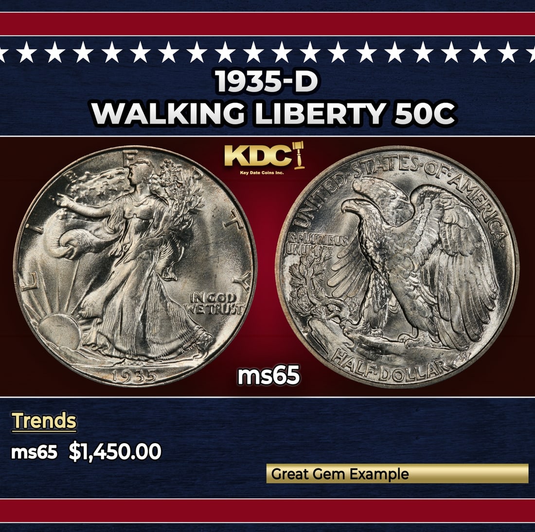 1935-d Walking Liberty Half Dollar 50c ms65 SEGS: 1935-d Walking Liberty Half Dollar 50c ms65 SEGS. Historic precious metal trends is causing increased spot pricing by the day. On auctions with set openings, we are doing our best to have items priced