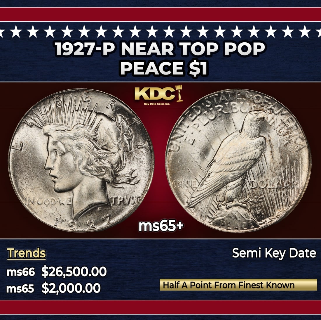 1927-p Peace Dollar Near Top Pop $1 ms65+ SEGS: 1927-p Near Top Pop Peace Dollar $1 ms65+ SEGS. The 27-p is the big sleeper of numismatics in my opinion. It has the 2nd lowest mintage in the whole Peace dollar series. Lower than the 34-s, the 21-p,