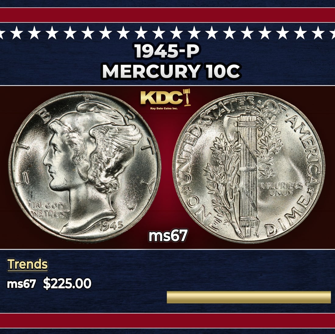 1945-p Mercury Dime 10c ms67 SEGS: 1945-p Mercury Dime 10c ms67 SEGS. Historic precious metal trends is causing increased spot pricing by the day. On auctions with set openings, we are doing our best to have items priced at their marke