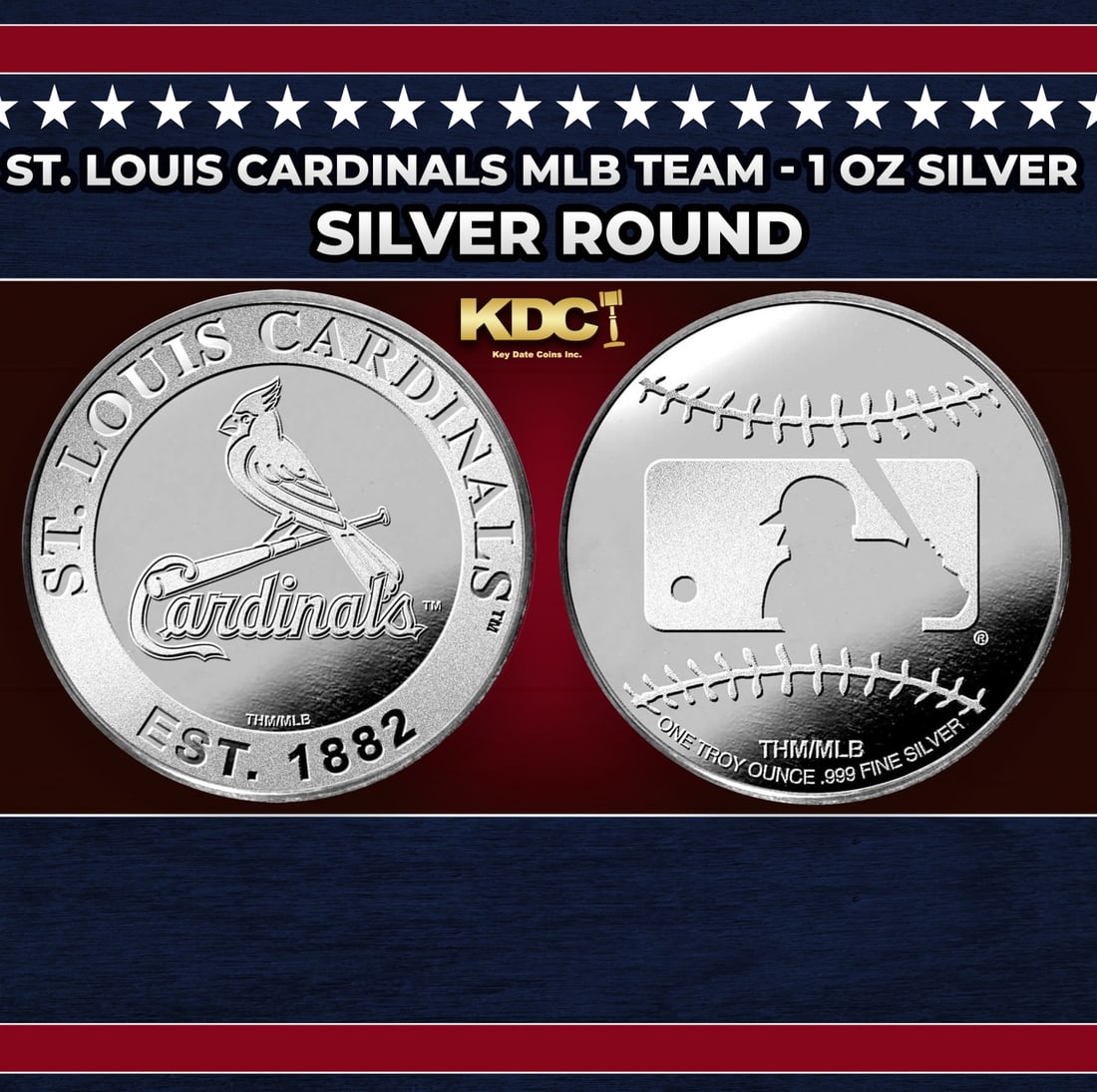 St. Louis Cardinals MLB Team - 1 oz Silver Round Round: St. Louis Cardinals MLB Team - 1 oz Silver Round. Add your favorite MLB teams to your silver collection with these official 1oz MLB team rounds! Obverse: St. Louis Cardinals logo. Reverse: Baseball st