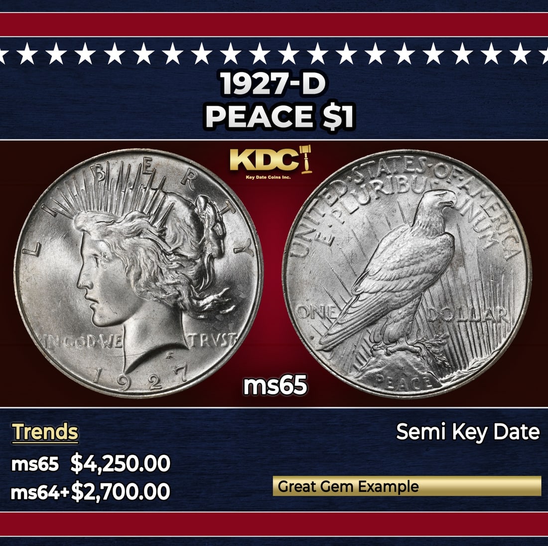 1927-d Peace Dollar $1 ms65 SEGS: 1927-d Peace Dollar $1 ms65 SEGS. Historic precious metal trends is causing increased spot pricing by the day. On auctions with set openings, we are doing our best to have items priced at their market