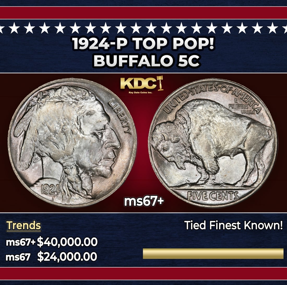 1924-p Buffalo Nickel TOP POP! 5c ms67+ SEGS: 1924-p TOP POP! Buffalo Nickel 5c ms67+ SEGS. Historic precious metal trends is causing increased spot pricing by the day. On auctions with set openings, we are doing our best to have items priced at 