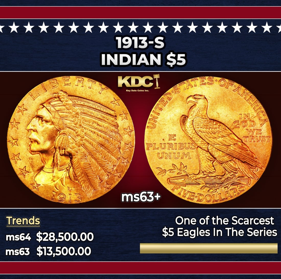 1913-s Gold Indian Half Eagle $5 ms63+ USCG: 1913-s Gold Indian Half Eagle $5 ms63+ USCG. The 1913 Indian $5 is a tremendous condition rarity, with pieces readily available in lower Mint State but increasingly unavailable approaching Gem. While 