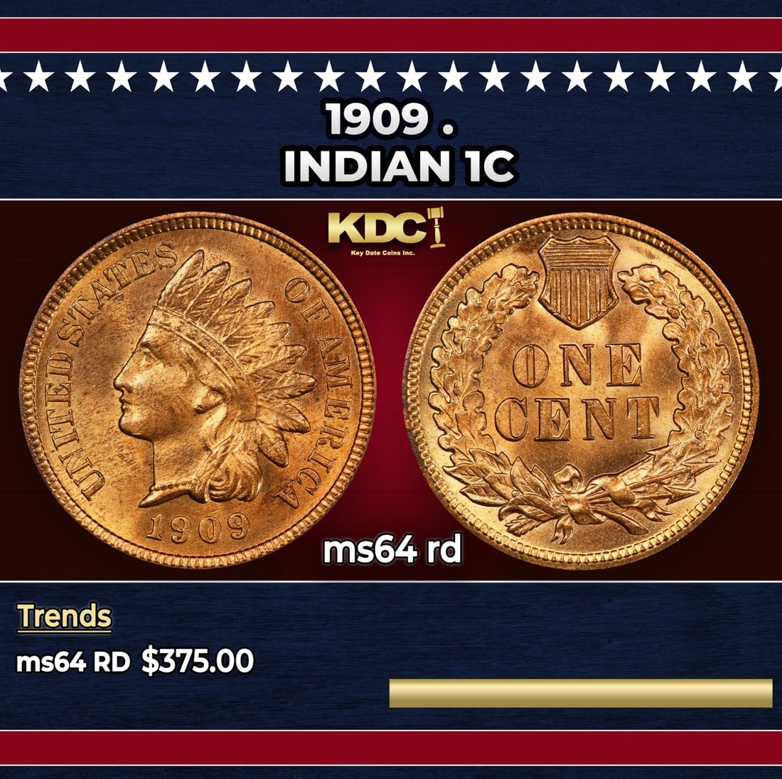 1909 Indian Cent . 1c Grades ms64 rd: 1909 . Indian Cent 1c Grades ms64 rd. Historic precious metal trends is causing increased spot pricing by the day. On auctions with set openings, we are doing our best to have items priced at their ma