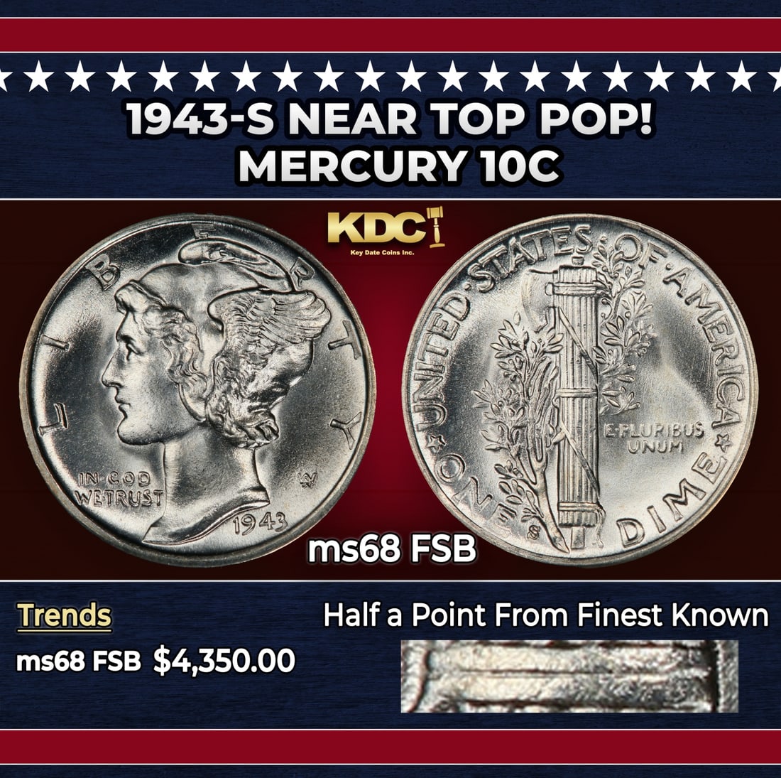1943-s Mercury Dime Near Top Pop! 10c ms68 FSB SEGS: 1943-s Near Top Pop! Mercury Dime 10c ms68 FSB SEGS. Historic precious metal trends is causing increased spot pricing by the day. On auctions with set openings, we are doing our best to have items