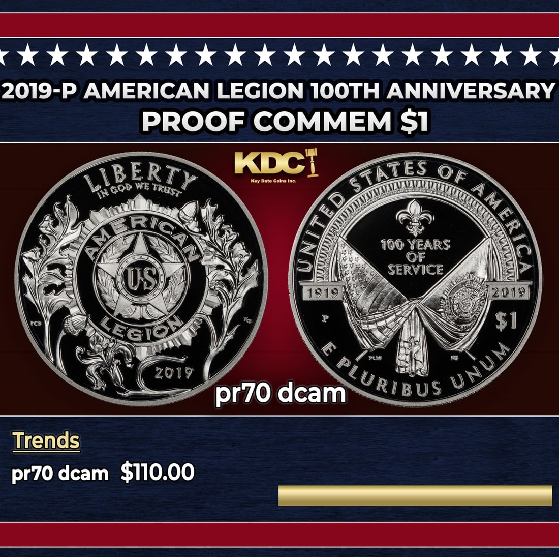 2019-p American Legion Proof Modern Commem Dollar 100th Anniversary $1 pr70 dcam SEGS: 2019-p American Legion 100th Anniversary Modern Commem Dollar $1 pr70 dcam SEGS. Historic precious metal trends is causing increased spot pricing by the day. On auctions with set openings, we are doin