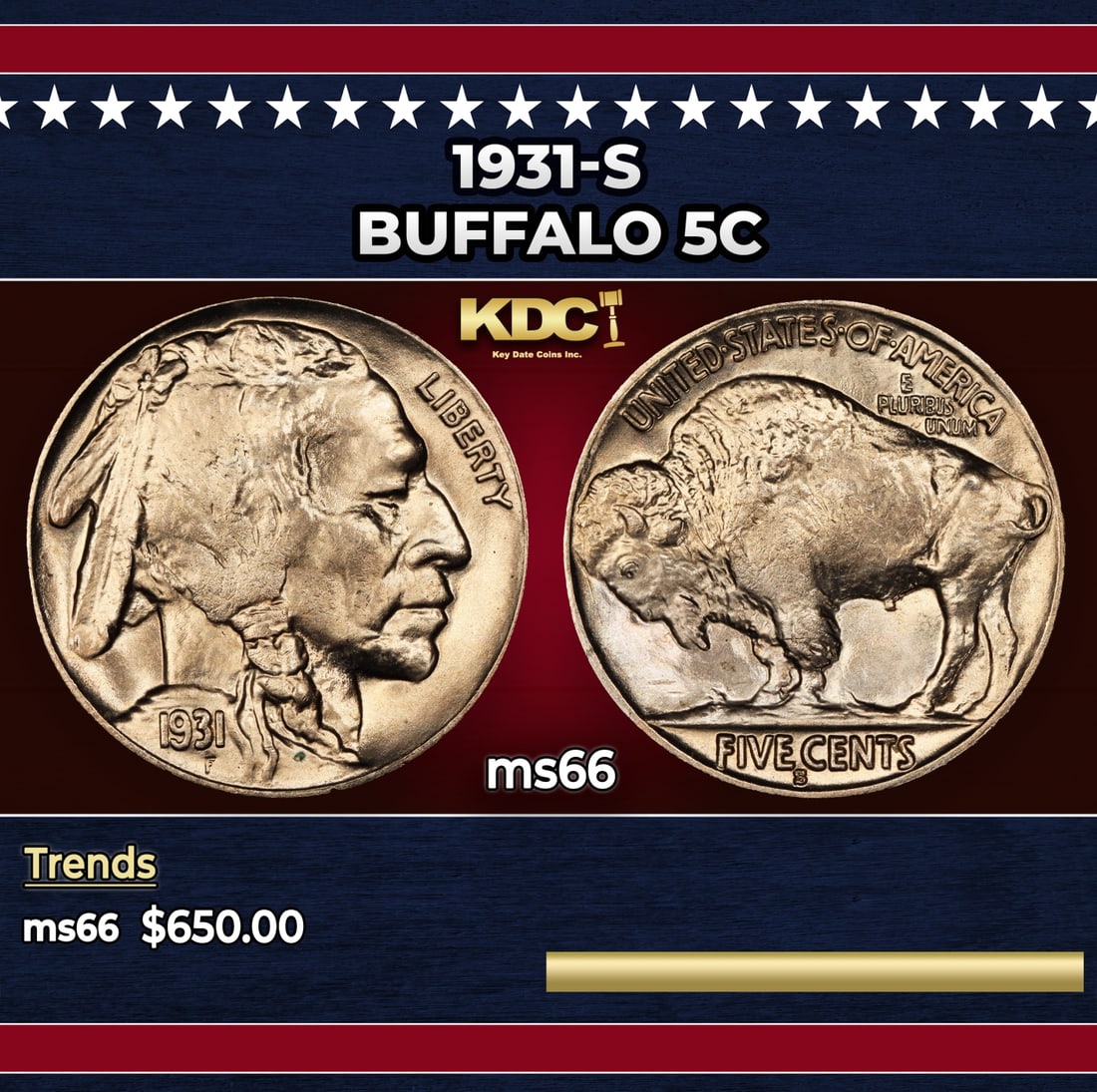 1931-s Buffalo Nickel 5c Grades ms66: 1931-s Buffalo Nickel 5c Grades ms66. Historic precious metal trends is causing increased spot pricing by the day. On auctions with set openings, we are doing our best to have items priced at their ma