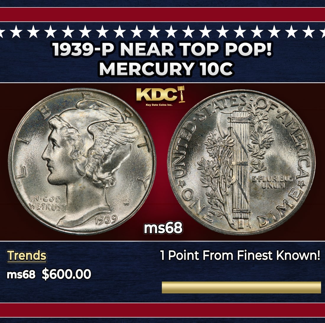 1939-p Mercury Dime Near Top Pop! 10c ms68 SEGS: 1939-p Near Top Pop! Mercury Dime 10c ms68 SEGS. Historic precious metal trends is causing increased spot pricing by the day. On auctions with set openings, we are doing our best to have items priced 