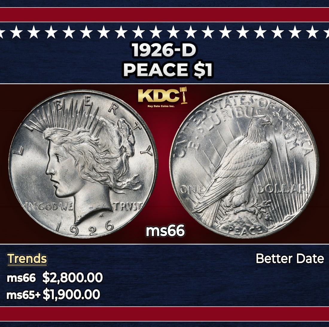 1926-d Peace Dollar $1 ms66 SEGS: 1926-d Peace Dollar $1 ms66 SEGS. Historic precious metal trends is causing increased spot pricing by the day. On auctions with set openings, we are doing our best to have items priced at their market