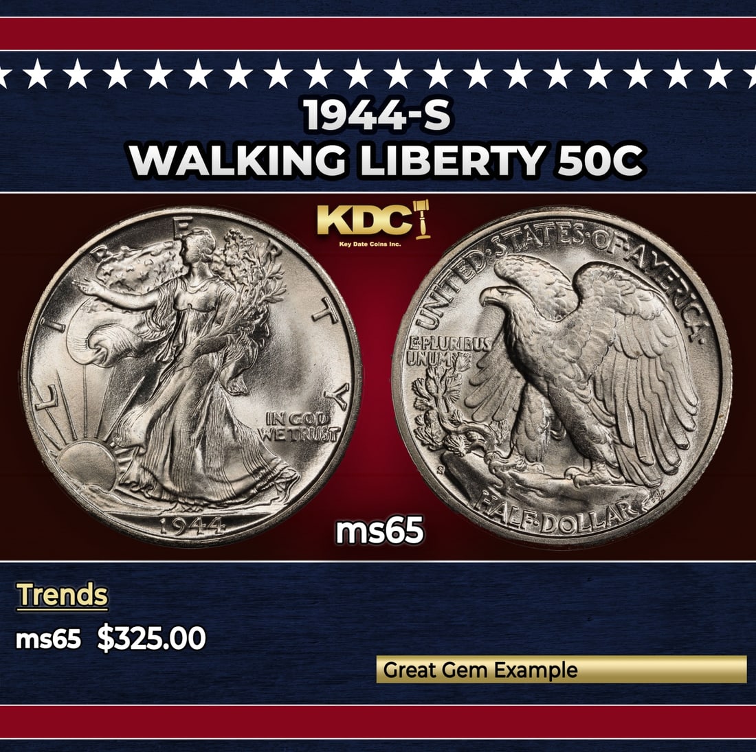 1944-s Walking Liberty Half Dollar 50c Grades ms65: 1944-s Walking Liberty Half Dollar 50c Grades ms65. Historic precious metal trends is causing increased spot pricing by the day. On auctions with set openings, we are doing our best to have items pric