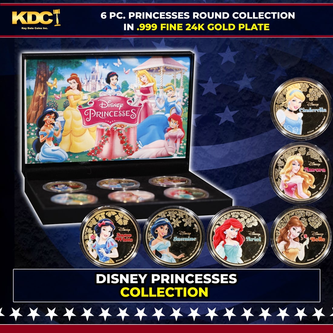 6 PC. Disney Princesses Gold Plated Round Collection In Custom Box W/ Special Backer card: 6 PC. Disney Princesses Gold Plated Round Collection In Custom Box W/ Special Backer card. Please Note All Backer Cards may have slight differences but will be very similar if not identical to the one