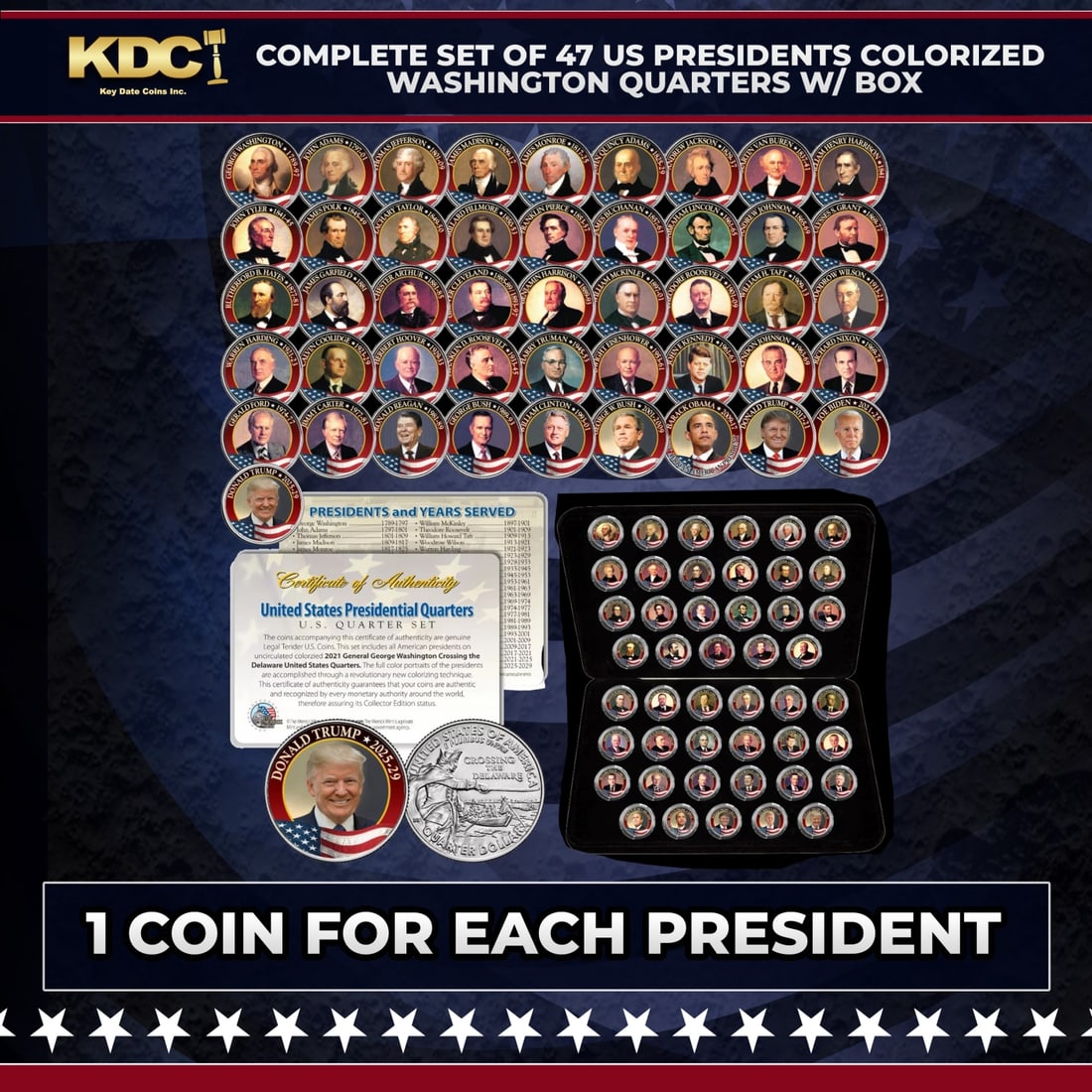 Complete Set of 47 US Presidents Colorized Washington Quarters w/ BOX Other Toy: Complete Set of 47 US Presidents Colorized Washington Quarters w/ BOX. Complete 46-Coin Set featuring all 47 U.S. Presidents, including the current presidential term. All 2021 Brilliant Uncirculated Q