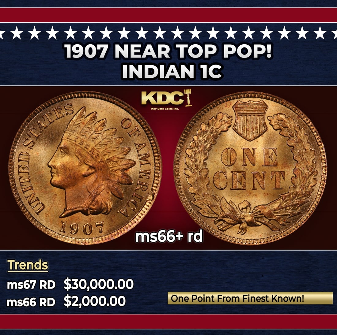 1907 Indian Cent Near Top Pop! 1c ms66+ rd SEGS: 1907 Near Top Pop! Indian Cent 1c ms66+ rd SEGS. Historic precious metal trends is causing increased spot pricing by the day. On auctions with set openings, we are doing our best to have items priced 