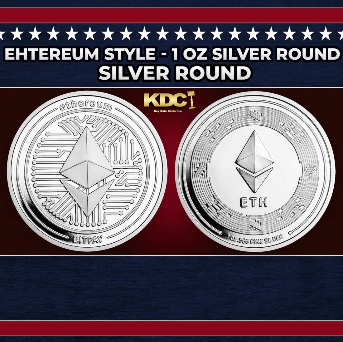 Ehtereum Style - 1 oz Silver Round Round: Ehtereum Style - 1 oz Silver Round. Developed along with BitPay, these cryptocurrency themed bullion rounds are a great way to add physical Silver to your assets. Obverse: Ethereum logo on circuit des