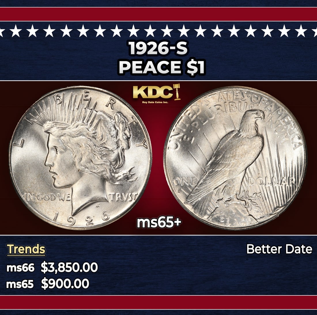 1926-s Peace Dollar $1 ms65+ SEGS: 1926-s Peace Dollar $1 ms65+ SEGS. Historic precious metal trends is causing increased spot pricing by the day. On auctions with set openings, we are doing our best to have items priced at their marke