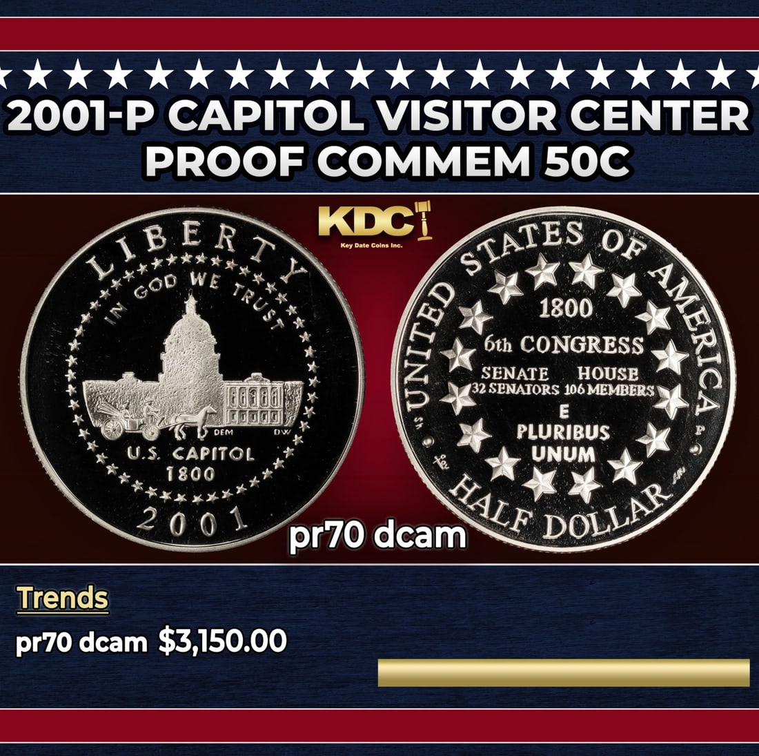 2001-p Capitol Visitor Center Proof Modern Commem Half Dollar 50c pr70 dcam SEGS: 2001-p Capitol Visitor Center Modern Commem Half Dollar 50c pr70 dcam SEGS. Historic precious metal trends is causing increased spot pricing by the day. On auctions with set openings, we are doing our