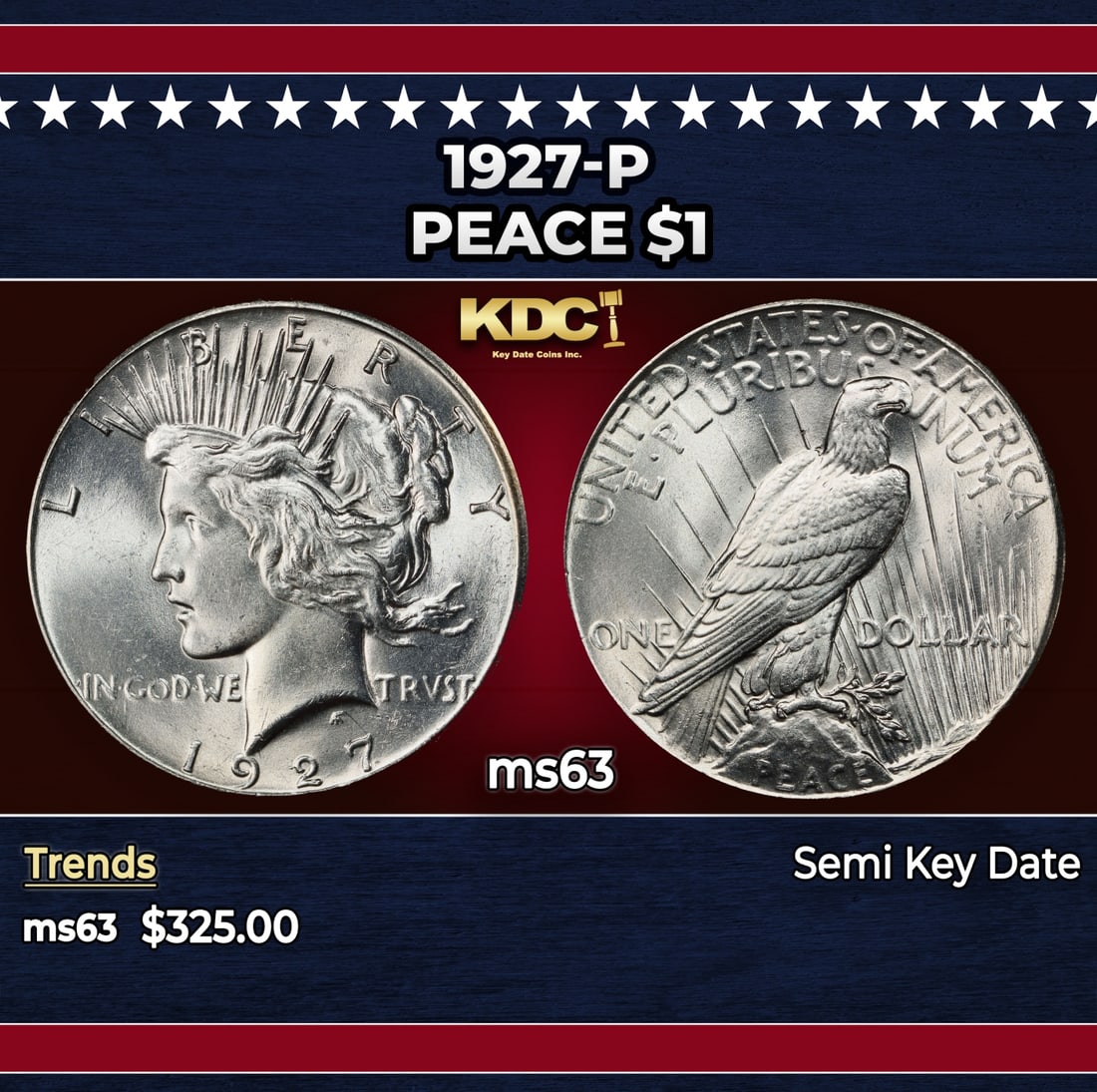 1927-p Peace Dollar $1 Grades ms63: 1927-p Peace Dollar $1 Grades ms63. The 27-p is the big sleeper of numismatics in my opinion. It has the 2nd lowest mintage in the whole Peace dollar series. Lower than the 34-s, the 21-p, yet it does