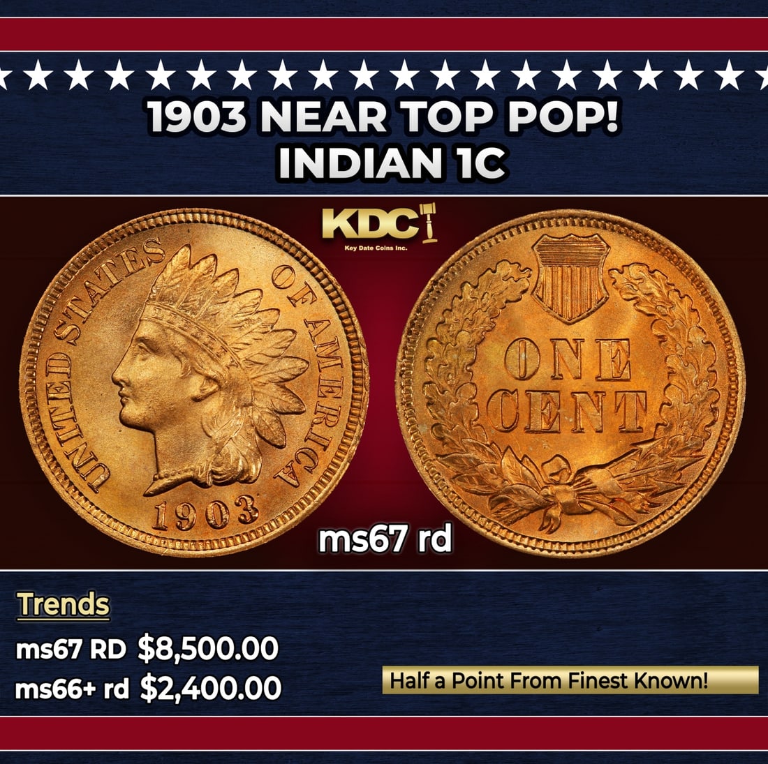 1903 Indian Cent Near Top Pop! 1c ms67 rd SEGS: 1903 Near Top Pop! Indian Cent 1c ms67 rd SEGS. Historic precious metal trends is causing increased spot pricing by the day. On auctions with set openings, we are doing our best to have items priced a