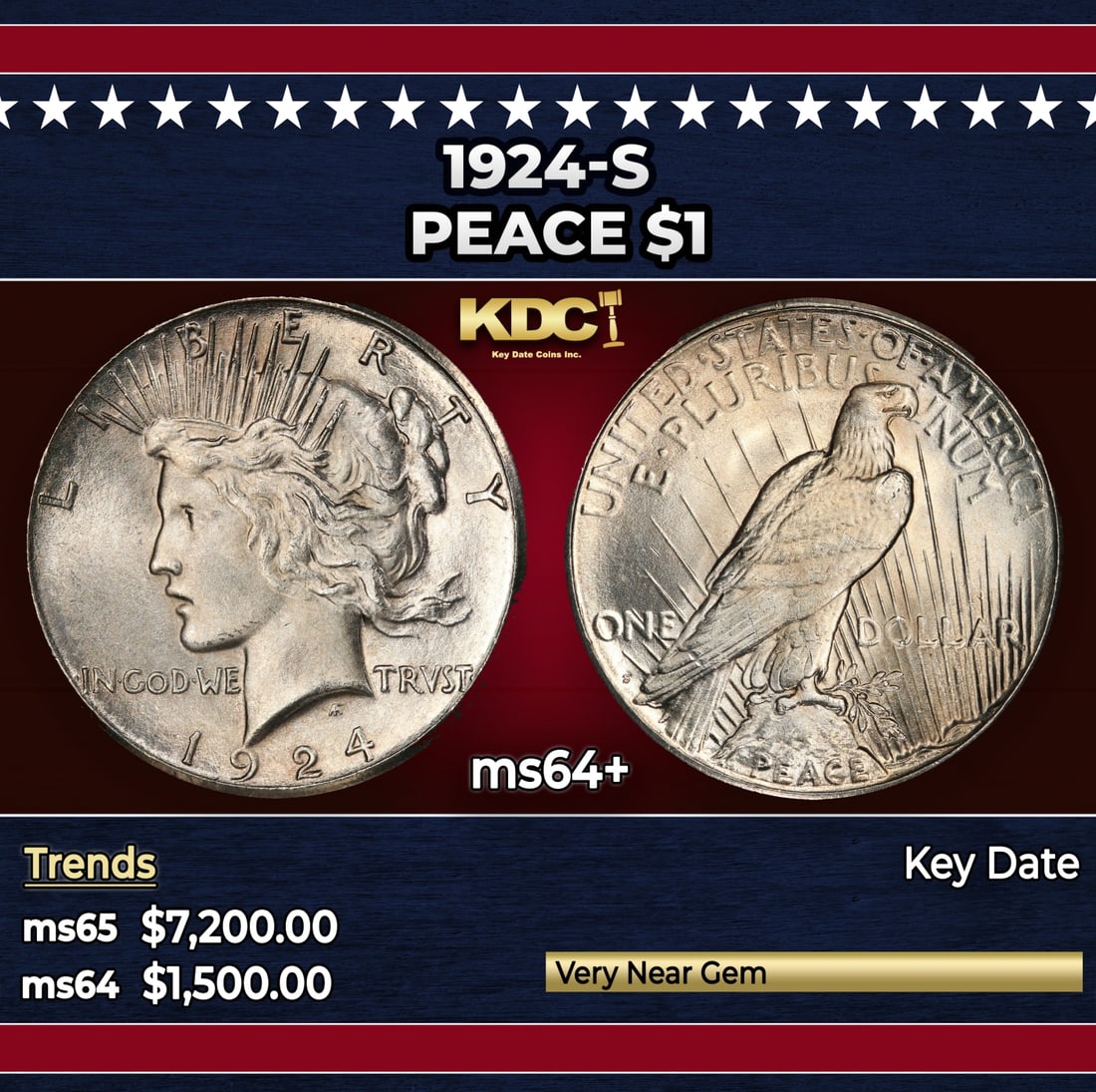 1924-s Peace Dollar $1 ms64+ SEGS: 1924-s Peace Dollar $1 ms64+ SEGS. Historic precious metal trends is causing increased spot pricing by the day. On auctions with set openings, we are doing our best to have items priced at their marke
