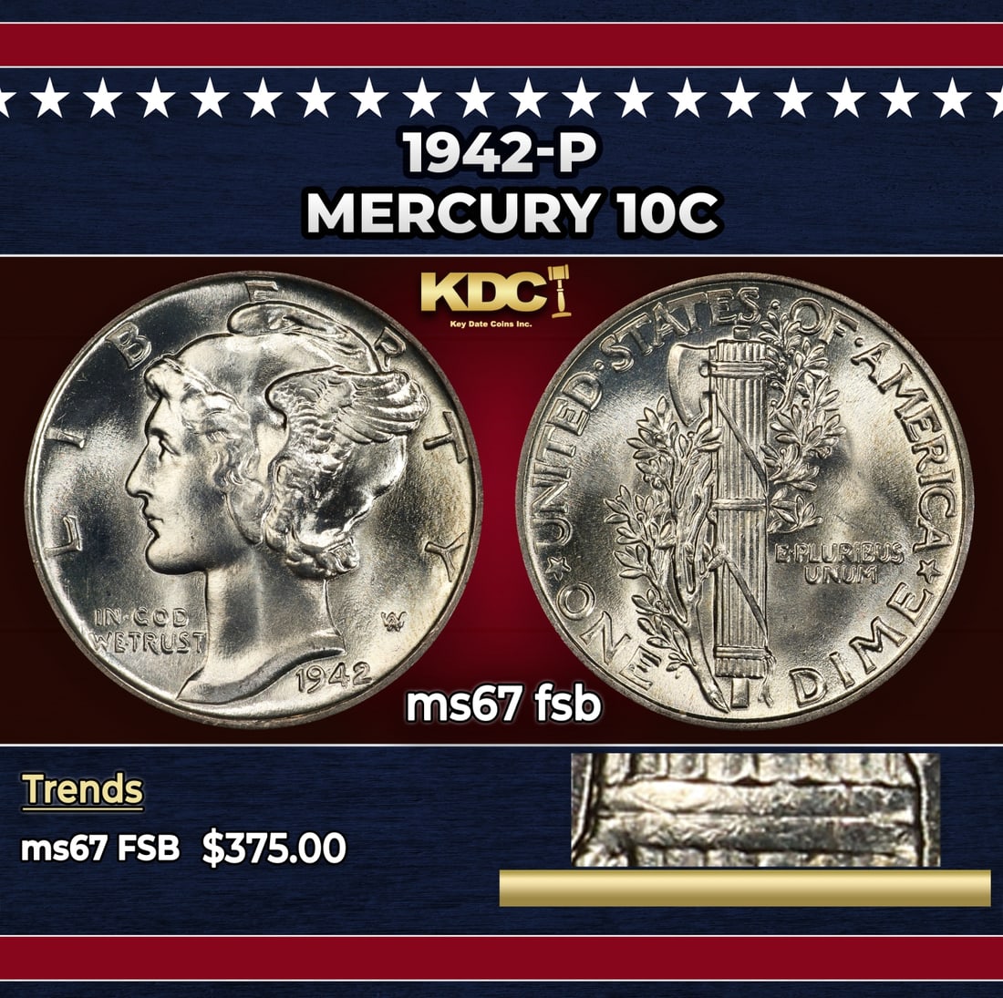 1942-p Mercury Dime 10c ms67 fsb SEGS: 1942-p Mercury Dime 10c ms67 fsb SEGS. Historic precious metal trends is causing increased spot pricing by the day. On auctions with set openings, we are doing our best to have items priced at their m