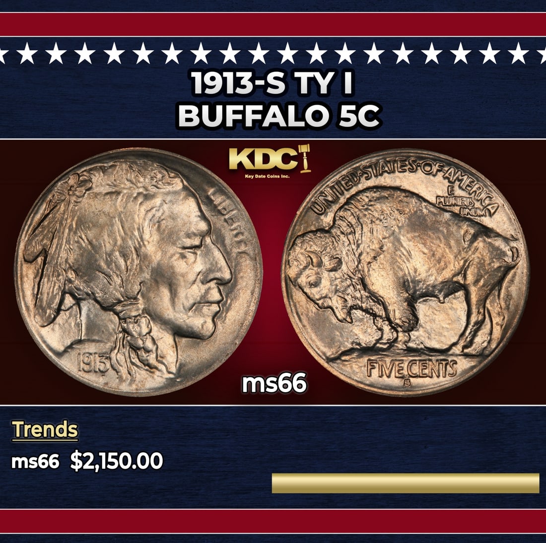 1913-s Ty I Buffalo Nickel 5c ms66 SEGS (1 of 3)
