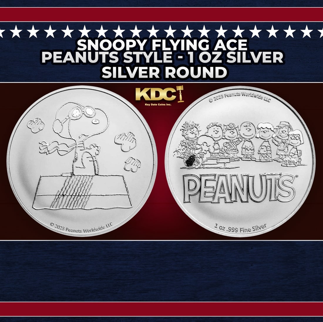 Snoopy Flying Ace Peanuts Style - 1 oz Silver Round Round: Snoopy Flying Ace Peanuts Style - 1 oz Silver Round. Now you can collect all of the classic Peanuts characters on these officially licensed silver rounds! Contains 1oz of .999 Fine Silver.