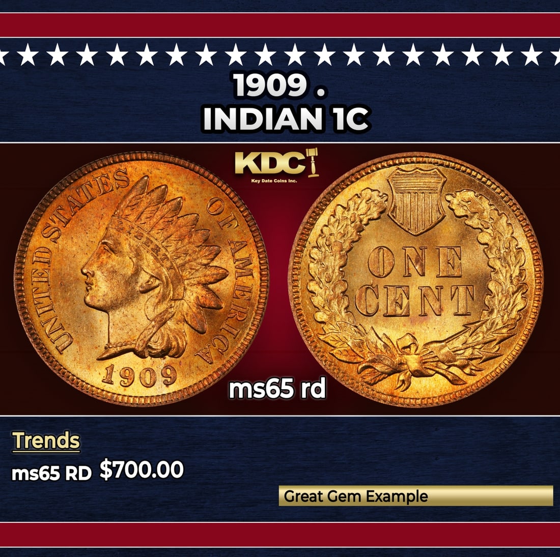 1909 Indian Cent . 1c Grades ms65 rd: 1909 . Indian Cent 1c Grades ms65 rd. Historic precious metal trends is causing increased spot pricing by the day. On auctions with set openings, we are doing our best to have items priced at their ma