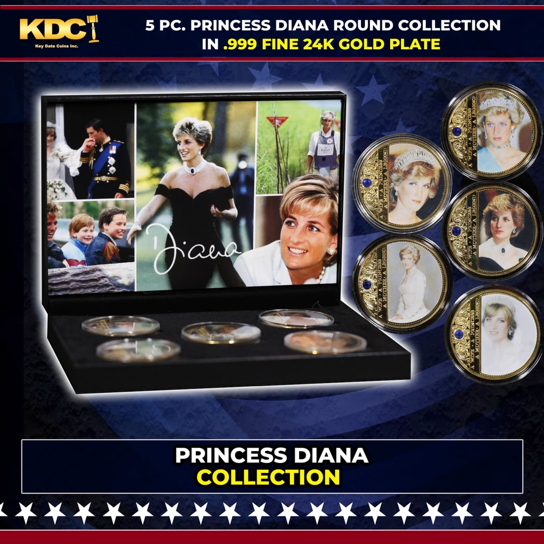 5 Coin Princess Diana V Gold Plated Round Collection: 5 Coin Princess Diana V Gold Plated Round Collection. 5 Pc. Princess Diana V Gold Plated Round Collection. This set contains 5 rounds made up of .999 Fine Gold Plate from The Princess Diana V Collecti