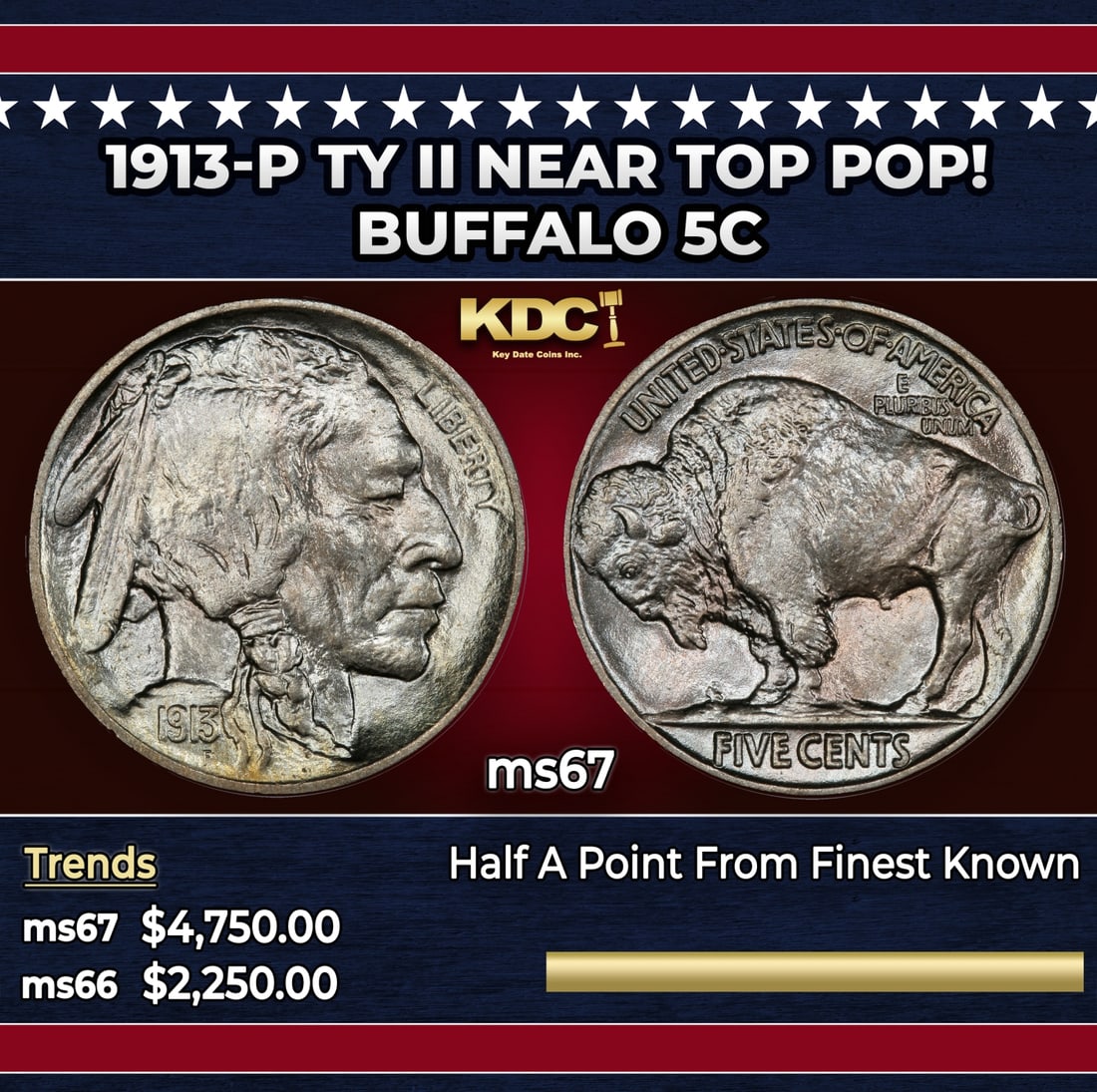 1913-p Ty II Buffalo Nickel Near Top Pop! 5c ms67 SEGS: 1913-p Ty II Near Top Pop! Buffalo Nickel 5c ms67 SEGS. Historic precious metal trends is causing increased spot pricing by the day. On auctions with set openings, we are doing our best to have items 