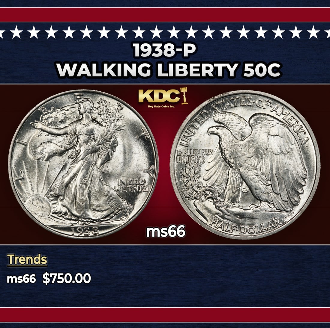 1938-p Walking Liberty Half Dollar 50c Grades ms66: 1938-p Walking Liberty Half Dollar 50c Grades ms66. Historic precious metal trends is causing increased spot pricing by the day. On auctions with set openings, we are doing our best to have items pric