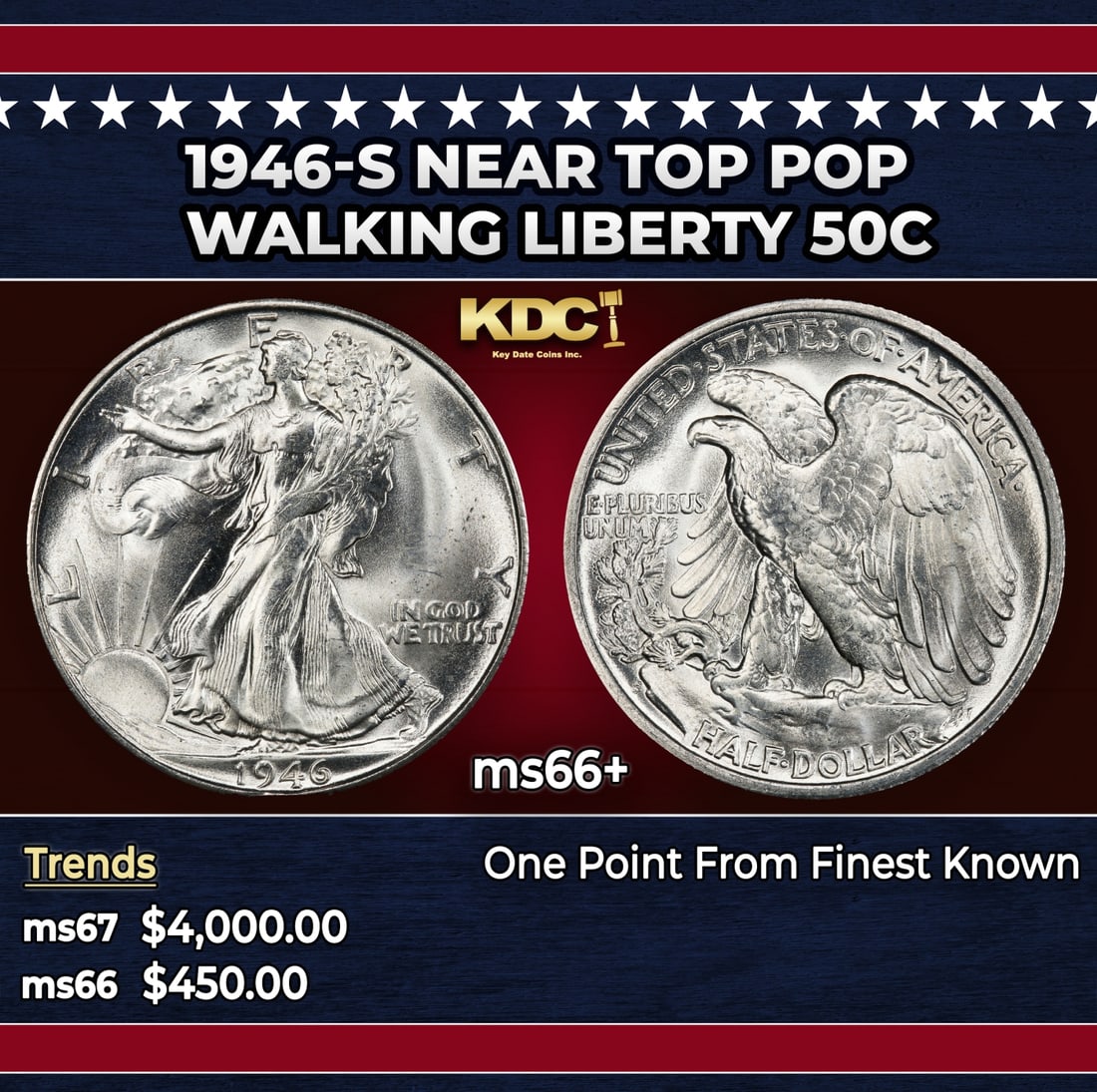 1946-s Walking Liberty Half Dollar Near Top Pop 50c ms66+ SEGS: 1946-s Near Top Pop Walking Liberty Half Dollar 50c ms66+ SEGS. Historic precious metal trends is causing increased spot pricing by the day. On auctions with set openings, we are doing our best to