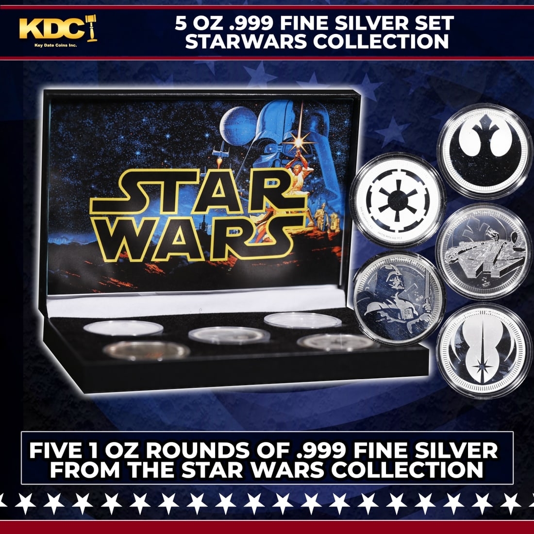 5x 1oz Silver Round Star Wars Set, Darth Vader, rebel alliance, Empire, Jedi Crest, Millennium: 5x 1oz Silver Round Star Wars Set, Darth Vader, rebel alliance, Empire, Jedi Crest, Millennium Falcon. Please Note All Backer Cards may have slight differences but will be very similar if not identica