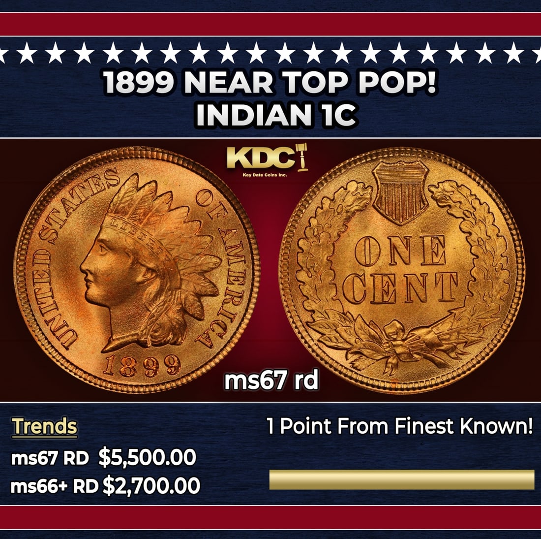 1899 Indian Cent Near Top Pop! 1c ms67 rd SEGS: 1899 Near Top Pop! Indian Cent 1c ms67 rd SEGS. Historic precious metal trends is causing increased spot pricing by the day. On auctions with set openings, we are doing our best to have items priced a