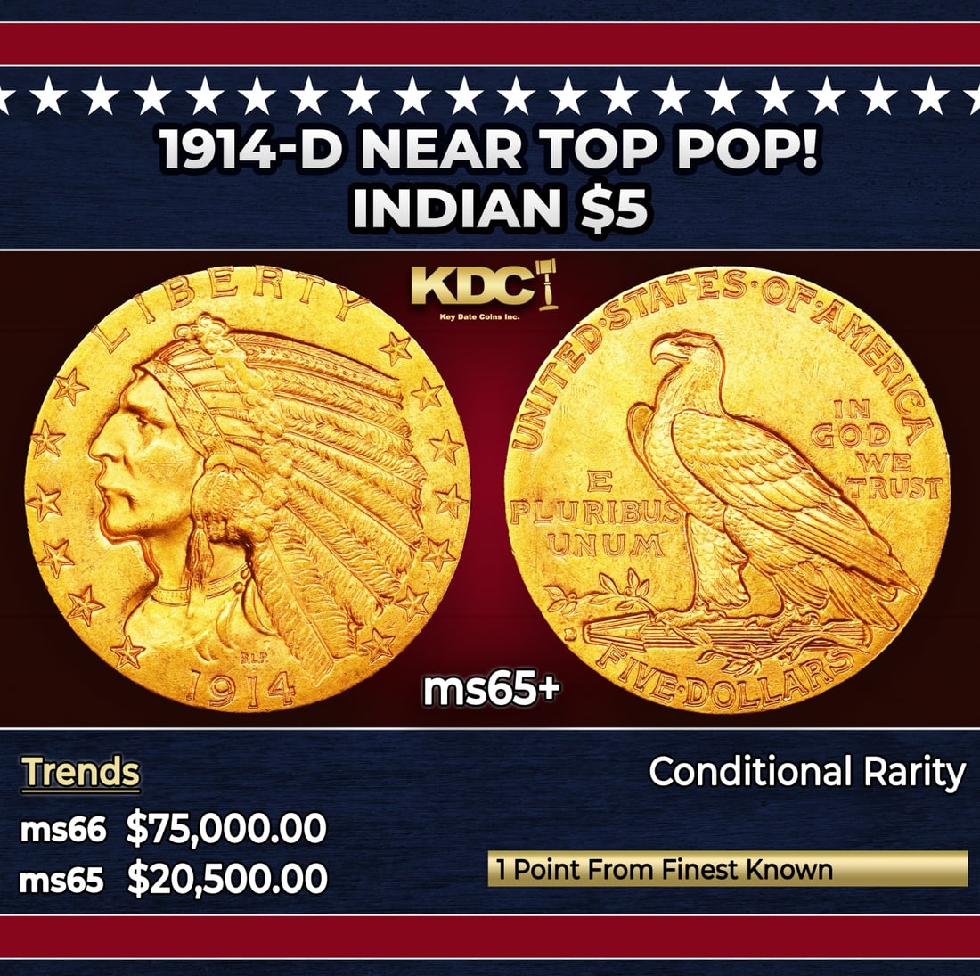 1914-d Gold Indian Half Eagle Near Top Pop! $5 ms65+ USCG: 1914-d Near Top Pop! Gold Indian Half Eagle $5 ms65+ USCG. Softly frosted luster mingles with vivid deep rose-gold color to provide outstanding eye appeal. The technical quality of this piece is impre