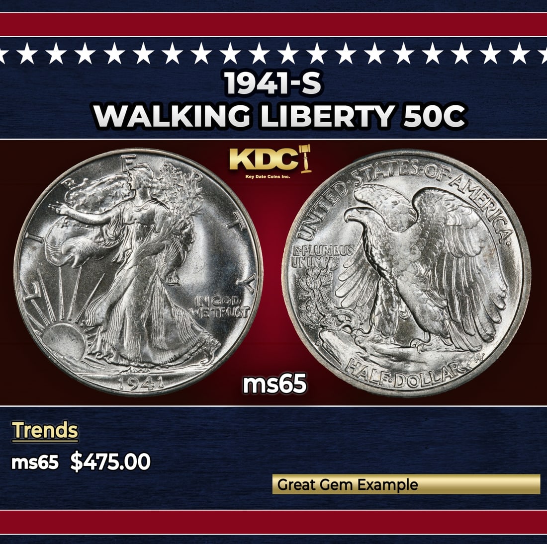 1941-s Walking Liberty Half Dollar 50c Grades ms65 (1 of 3)