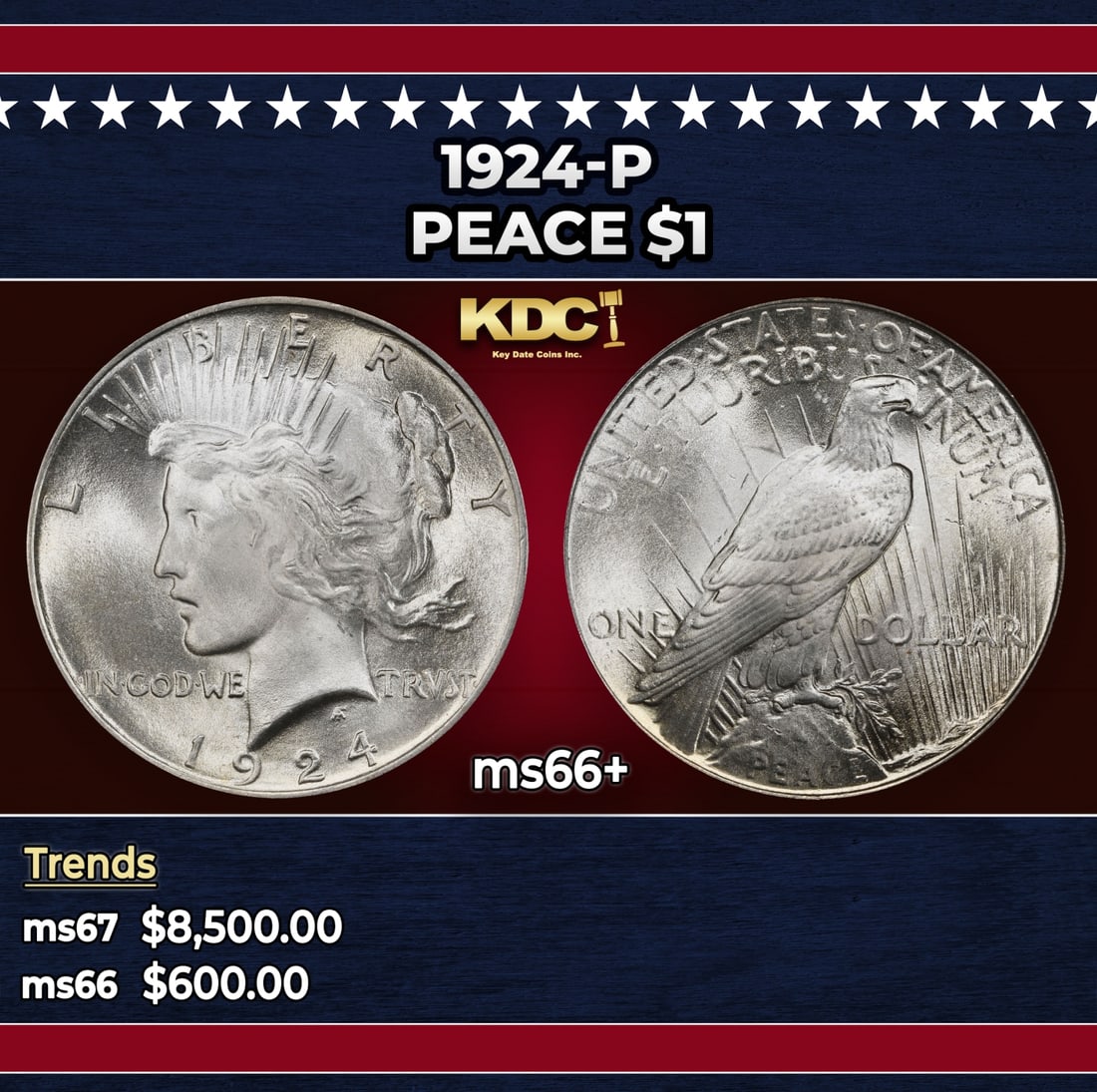 1924-p Peace Dollar $1 ms66+ SEGS: 1924-p Peace Dollar $1 ms66+ SEGS. Historic precious metal trends is causing increased spot pricing by the day. On auctions with set openings, we are doing our best to have items priced at their marke